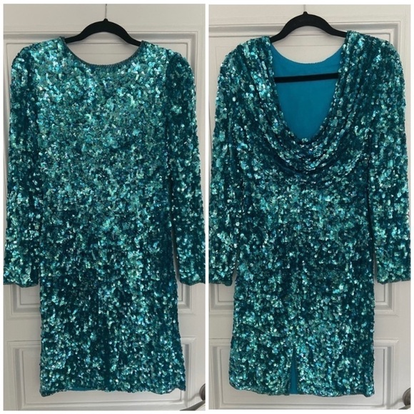 Sweelo Vintage Longsleeve Homecoming Sequin Beaded Formal Turquoise Blue Dress - Picture 1 of 15